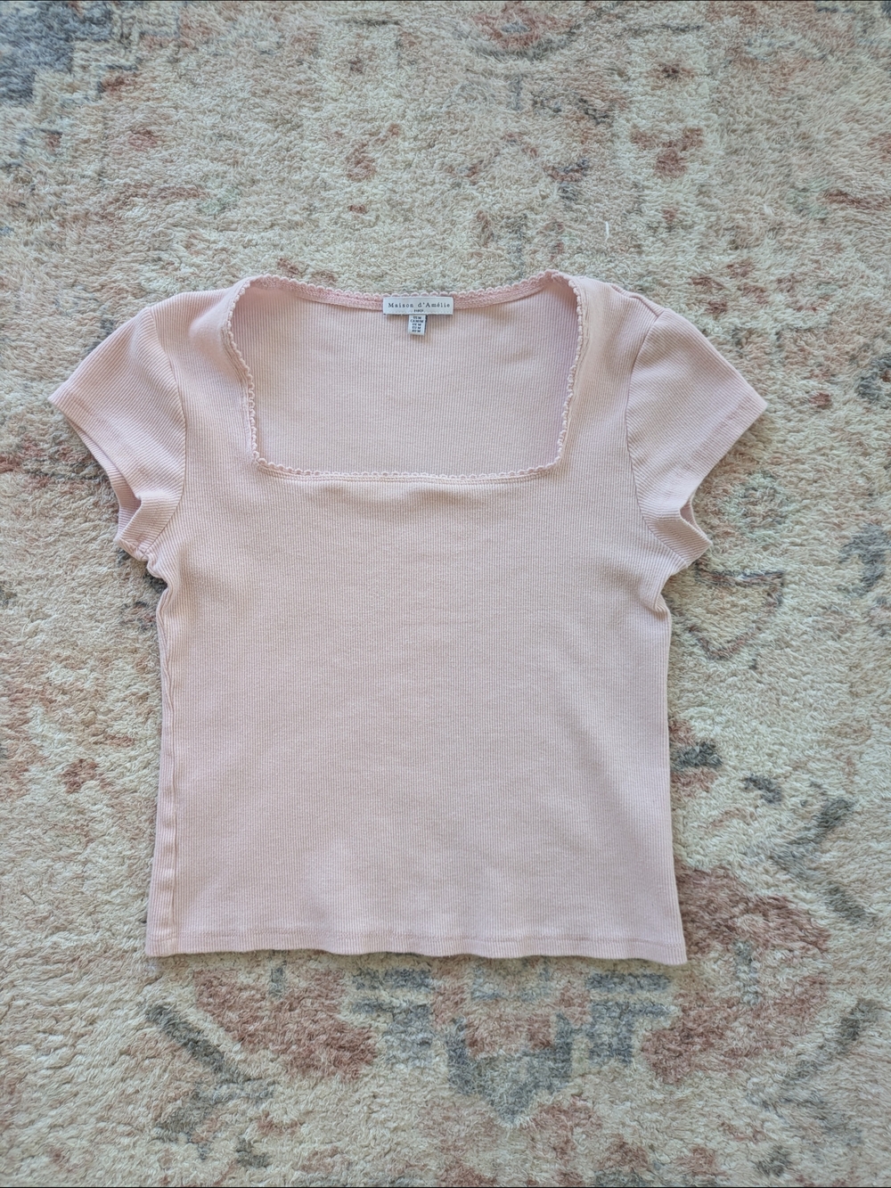 Maison D'Amelie Square-Neck Ribbed Short Sleeve Tee in Blush Pink